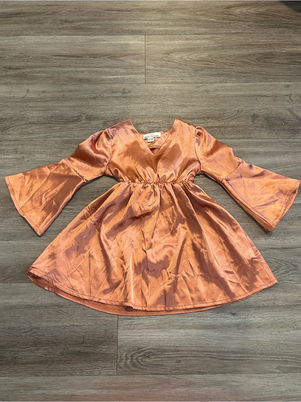 Girls' Shimmery Copper-Orange V-Neck Party Dress with Bell Sleeves